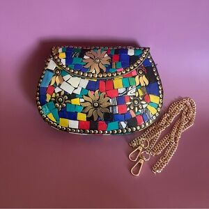 NEW RAMLA Rio mosaic handcrafted gold multicolor shoulder bag clutch new